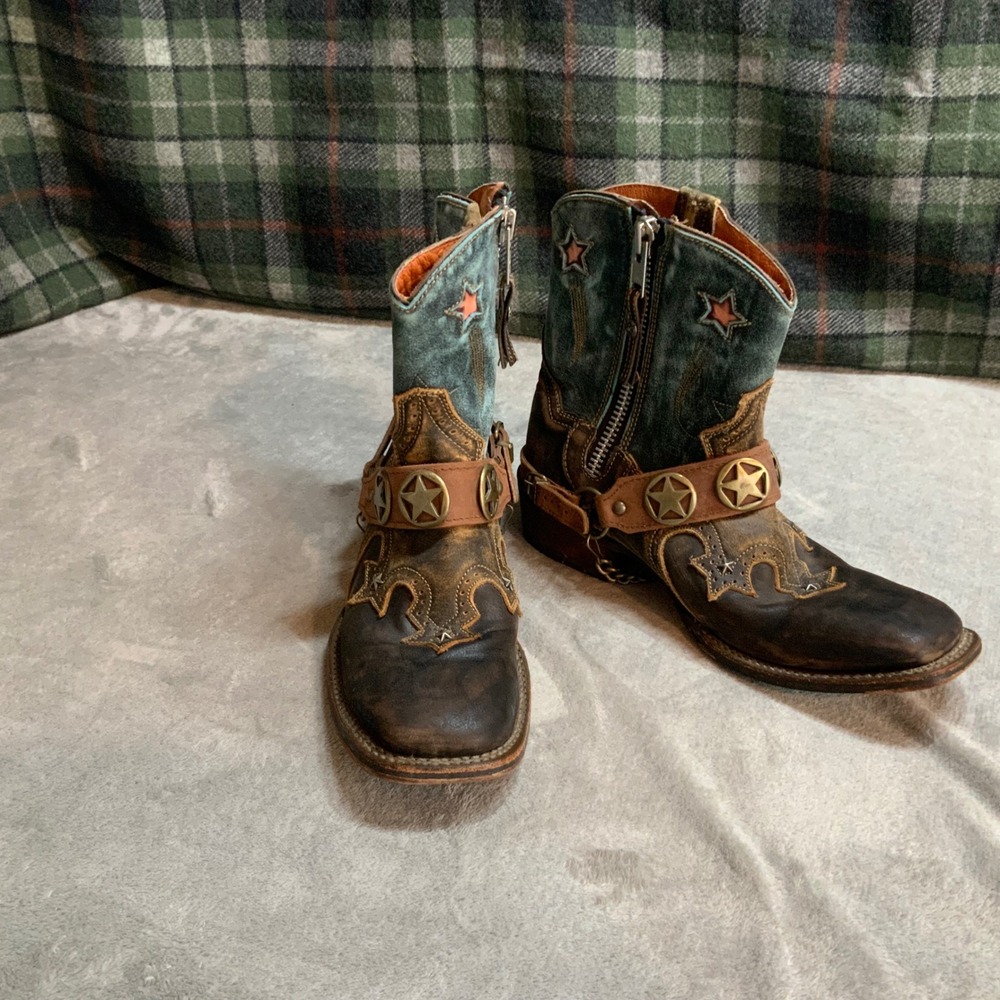 Dan Post Rare Women 10 BrownTeal Leather Star Harness Western Boots DP4925 Boho